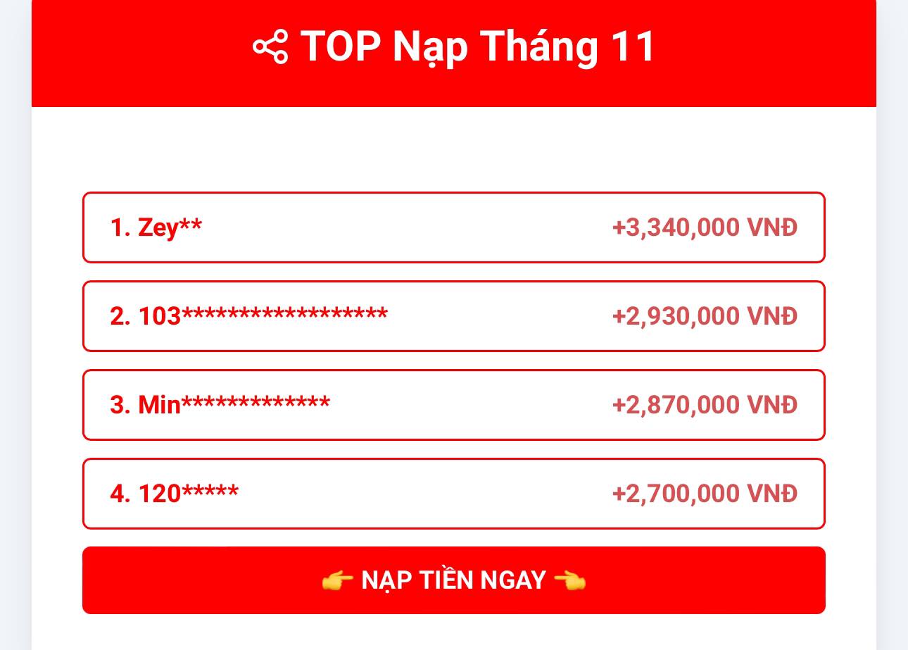 THÔNG BÁO TOP NẠP THÁNG 11
